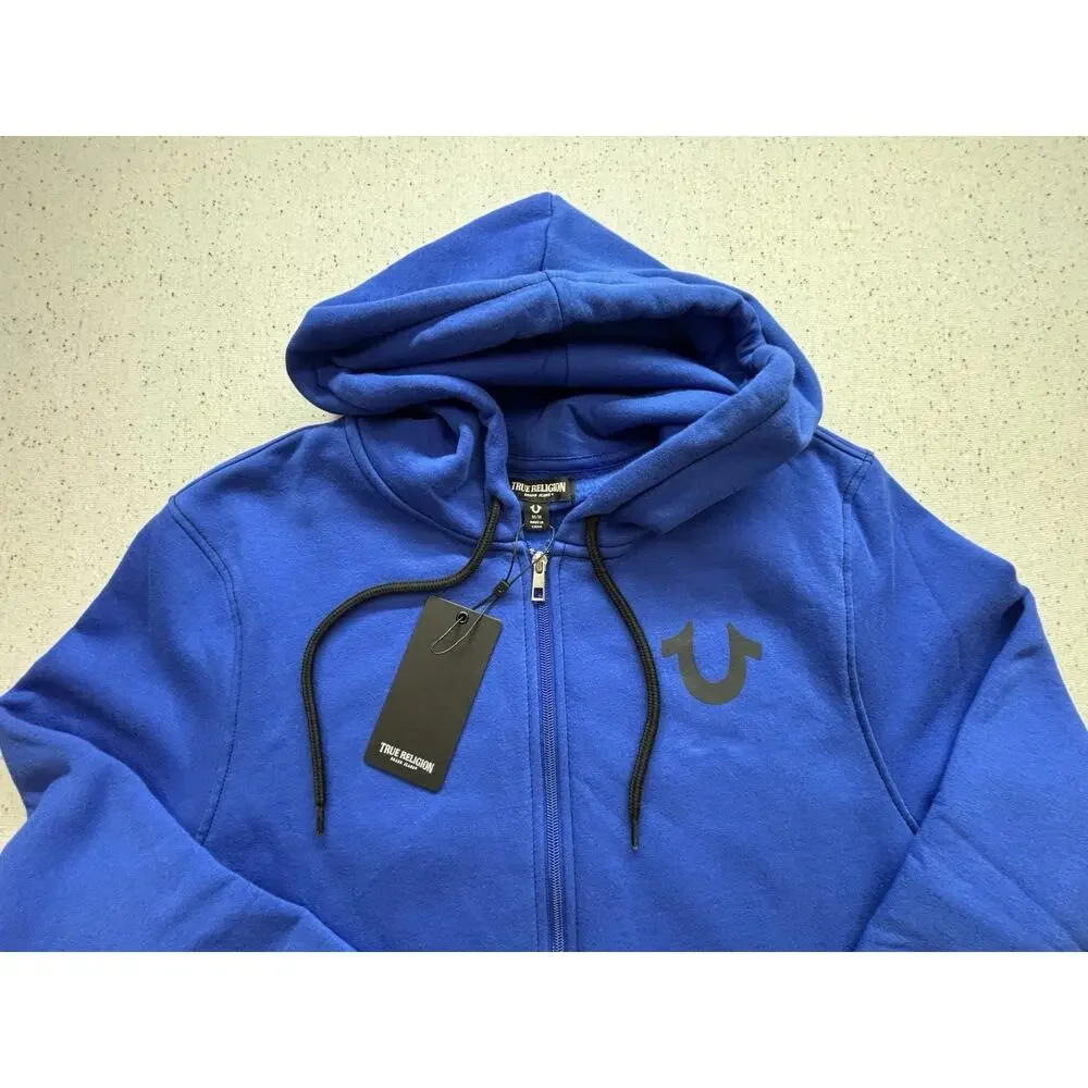 NWT True Religion Contrast Logo Full Zip Hoodie Pacific Royal Blue Men M $124